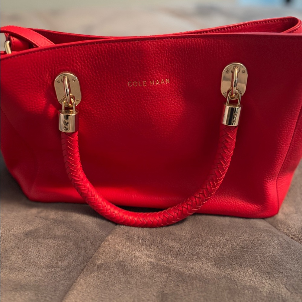 Cole Haan Vibrant Red Tote with Gold Accents